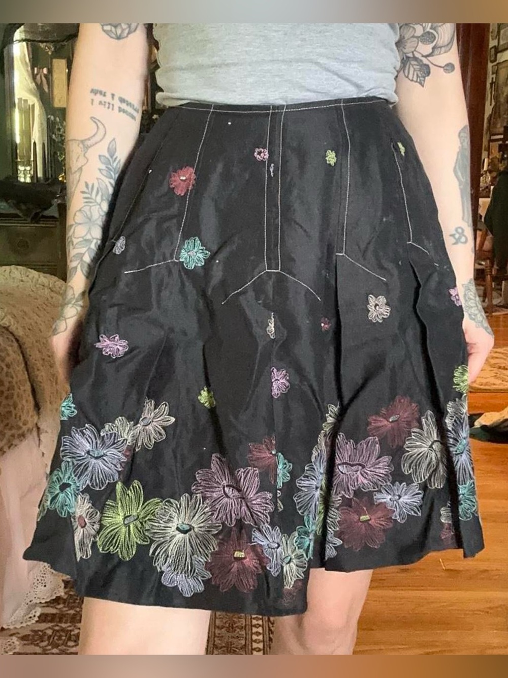 SilkLand Black Circle Skirt with Multicolor Floral Embroidery
